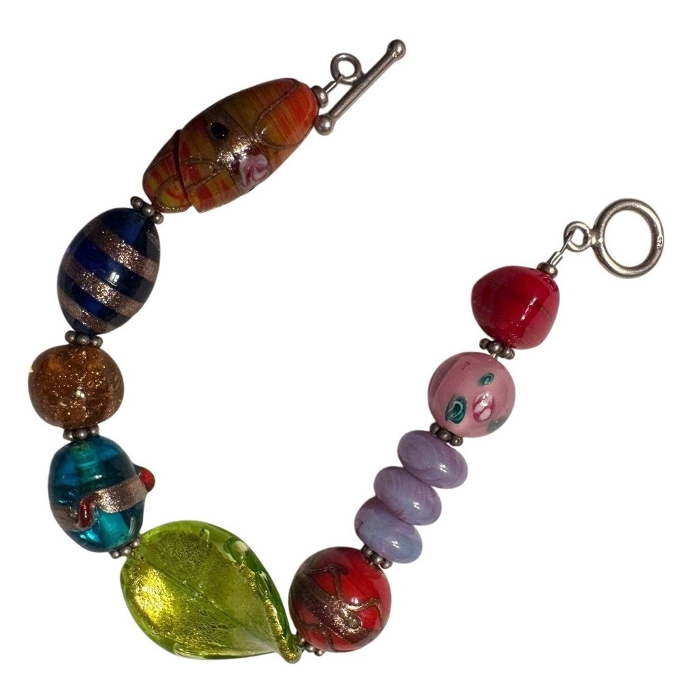 Artisan Lampwork Glass Bead Bracelet Multi Color Murano Style Leaf Toggle 7.75"
